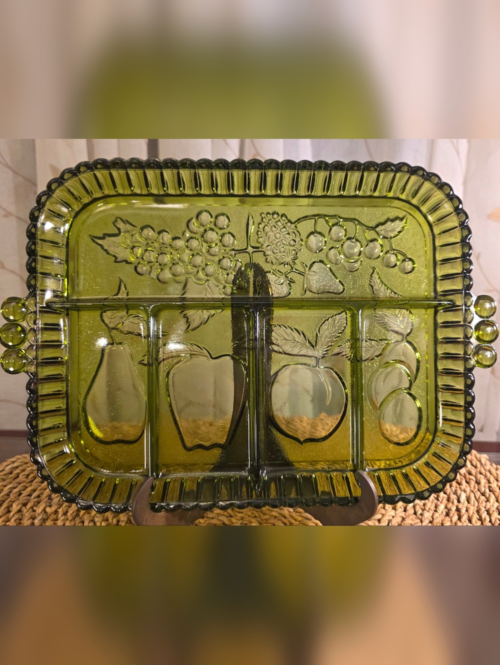 Vintage Indiana Glass Avocado Green Relish Tray Fruit Pattern Bubble Handle